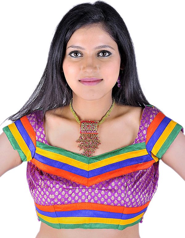 Purple Banarasi Bollywood Choli With Patch Border And Knotted Back