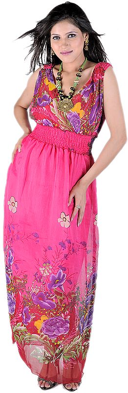 Hot-Pink Long Dress With Large Printed Flowers And Elastic Waist