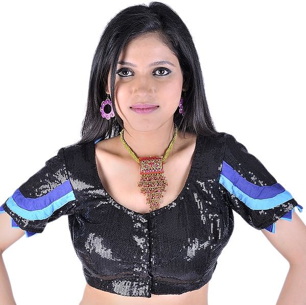 Black Bollywood Choli With Sequins and Patch Border