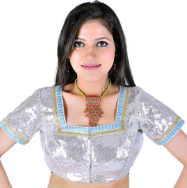 Silver Designer Choli With Sequins And Gota Patches