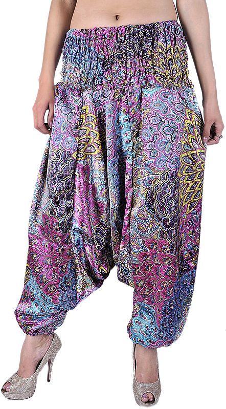 Pink and Yellow Printed Harem Trousers | Exotic India Art