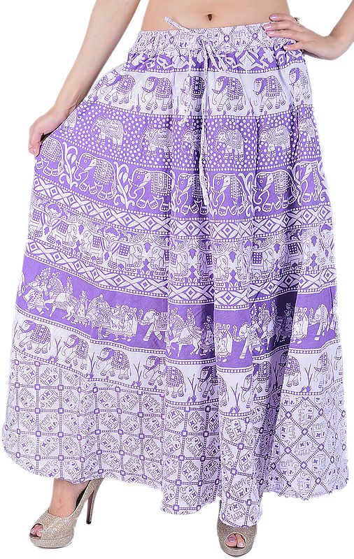 Amethyst Long Skirt from Pilkhuwa with Printed Elephants and Peacocks
