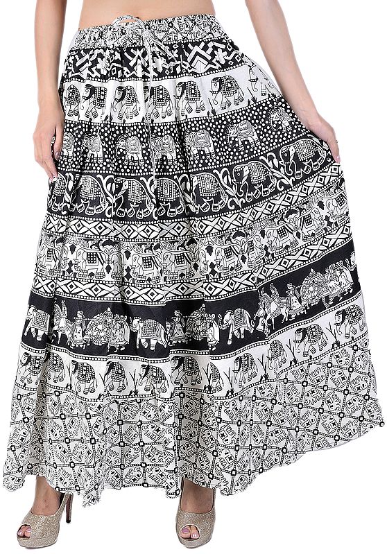 Ivory and Black Long Skirt with Printed Elephants