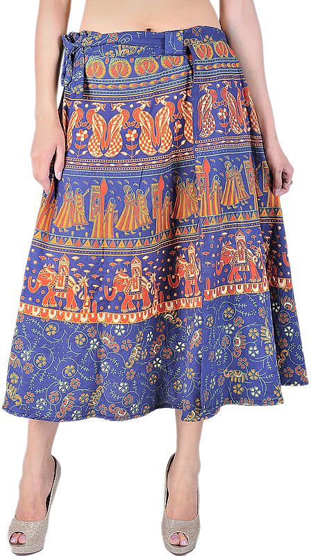 Navy-blue Sanganeri Wrap-On Midi Skirt with Printed Elephants and Peacocks