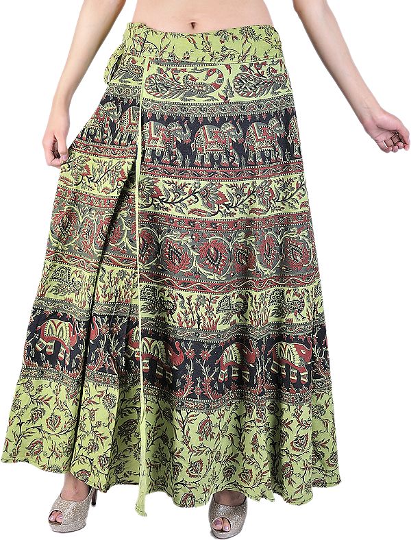 Tendril-Green Wrap-Around Sanganeri Skirt with Printed Elephants and ...