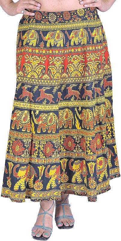 Flame-Red Sanganeri Midi Skirt with Printed Elephants and Deers