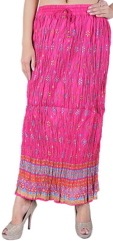 Rose Pink Crushed Elastic Boho Skirt with Printed Flowers