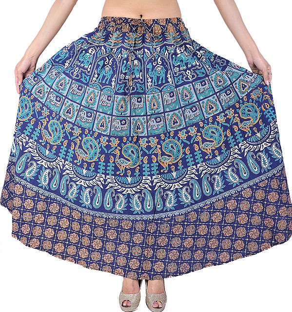 Navy-Blue Sanganeri Long Skirt with Printed Peacocks and Elephants