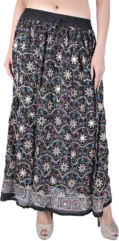 Black Long Skirt With All-Over Sequins and Printed Flowers