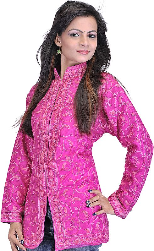 Fuchsia Kashmiri Jacket with Aari Embroidered Paisleys All-Over