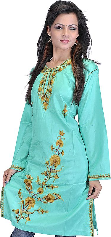 Biscay-Green Long Kashmiri Kurti with Hand Embroidered Flowers