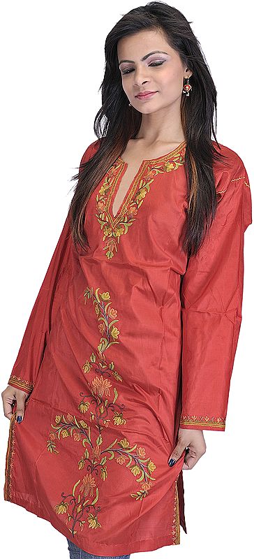 Cinnabar-Red Kashmiri Long Kurti with Hand Embroidered Flowers