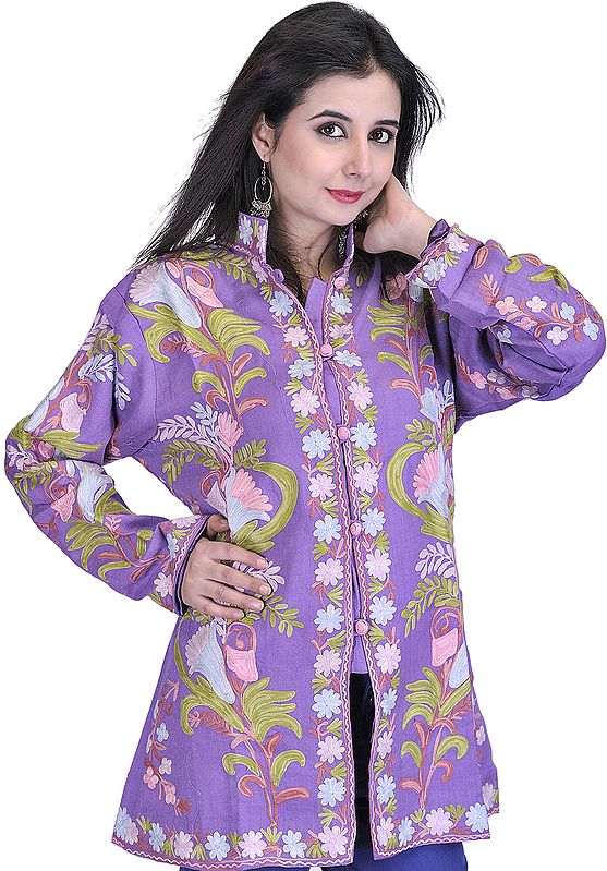 Dahlia-Purple Kashmiri Jacket with Embroidered Flowers All-Over