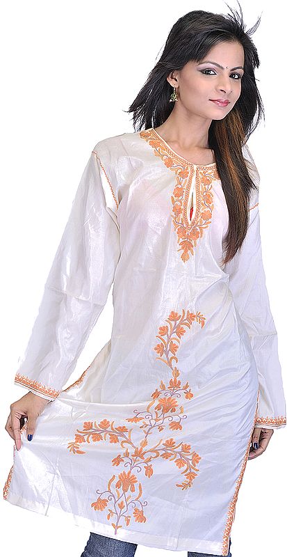 Papyrus-Cream Kashmiri Long Kurti with Hand Embroidered Flowers