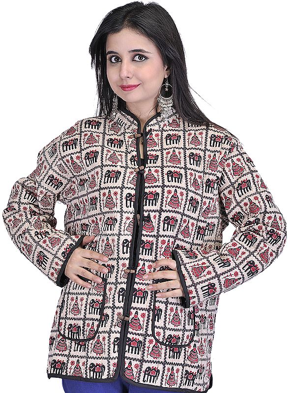 Beige and Black Reversible Jacket from Pilkhuwa with Printed Elephants and Paisleys