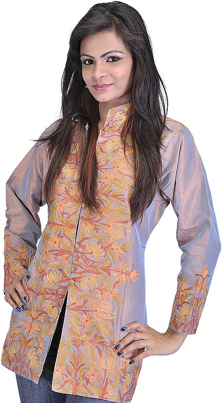 Minimal-Gray Jacket from Kashmir with Crewel Embroidered Flowers All-Over