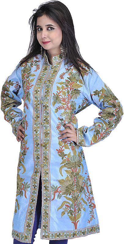 Ethereal-Blue Long Kashmiri Jacket with Aari Embroidered Flowers