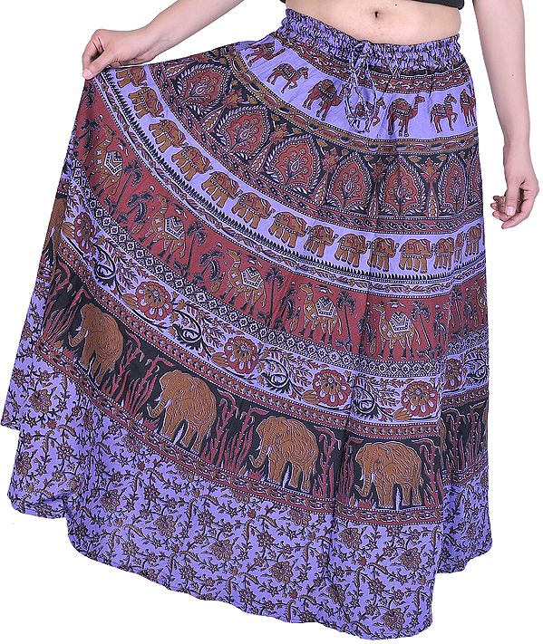 Royal-Purple Long Skirt from Pilkhuwa with Printed Camels and Elephants
