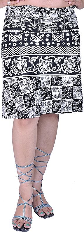 White and Black Wrap-around Mini-Skirt with Printed Elephants and Flowers