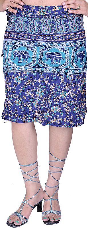 Navy-Blue Sanganeri Wrap-Around Mini-Skirt with Printed Flowers and Elephants
