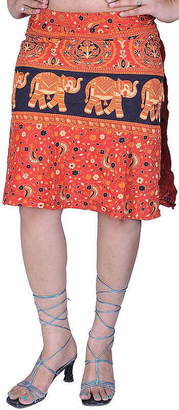 Scarlet Wrap-around Mini-Skirt with Printed Elephants and Flowers