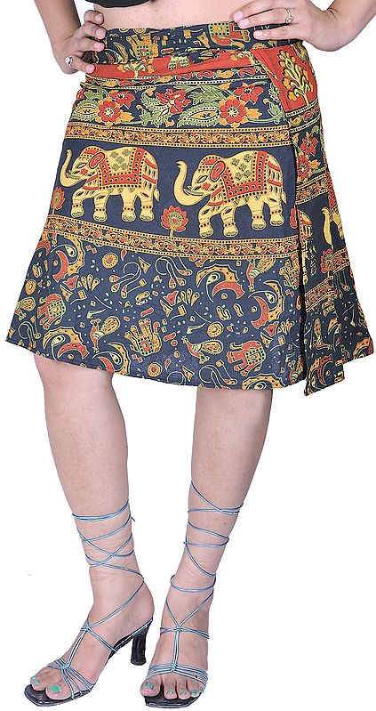 Deep Forest-Green Wrap-around Mini-Skirt with Printed Elephants and Flowers