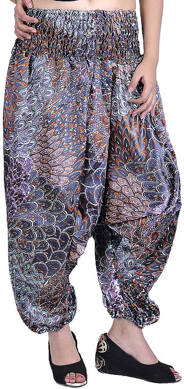 Harem Satin Trousers with Printed Paisleys and Flowers