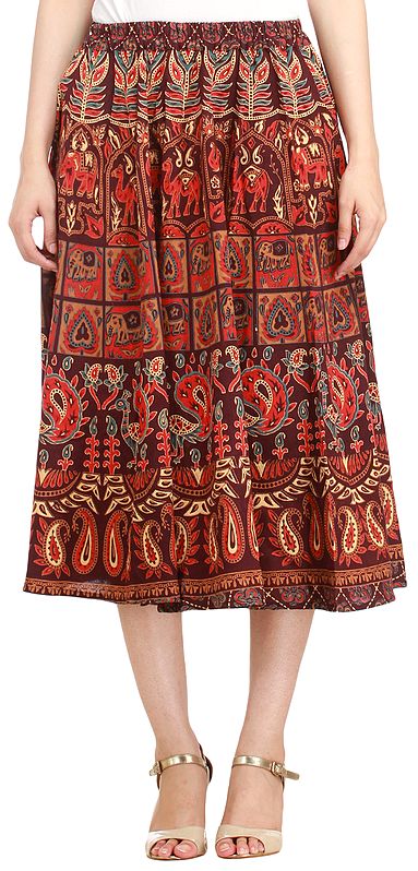 Sanganeri Midi Skirt with Printed Elephants and Peacocks