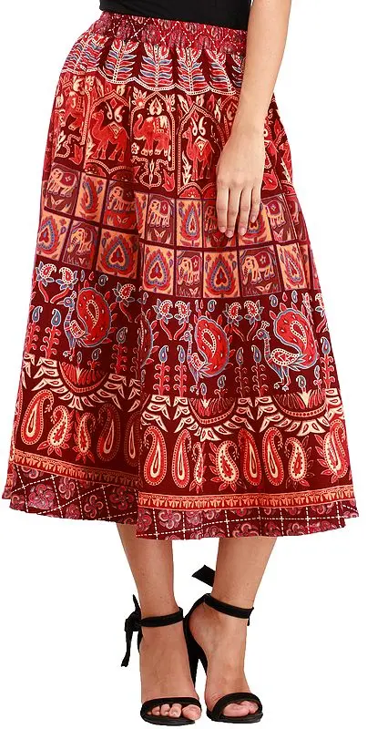 Sanganeri Midi Skirt with Printed Elephants and Peacocks