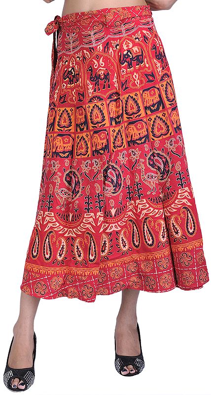 Tomato-Red Wrap-On Skirt with Printed Elephants and Peacocks