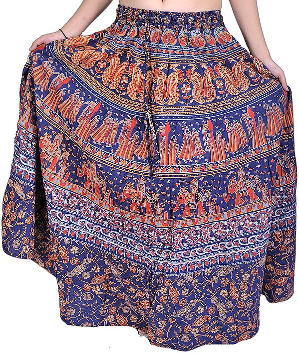 Astral-Blue Long Skirt with Jodhpuri Print
