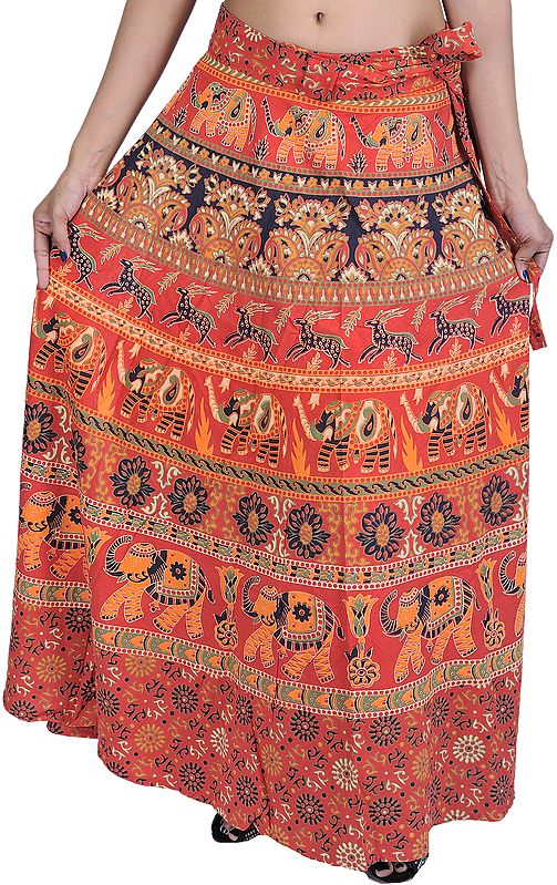 Scarlet Wrap-Around Long Skirt with Printed Elephants and Deers