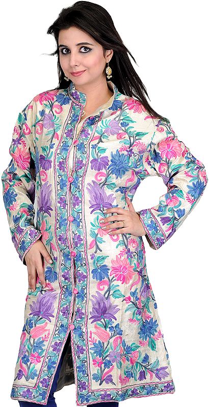Light-Gray Long Kashmiri Jacket with Aari Embroidered Flowers
