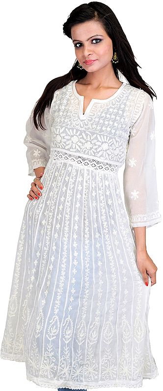 Chic-White Flaired Kurti With All-Over Chikan Embroidered Flowers and Paisleys by Hand