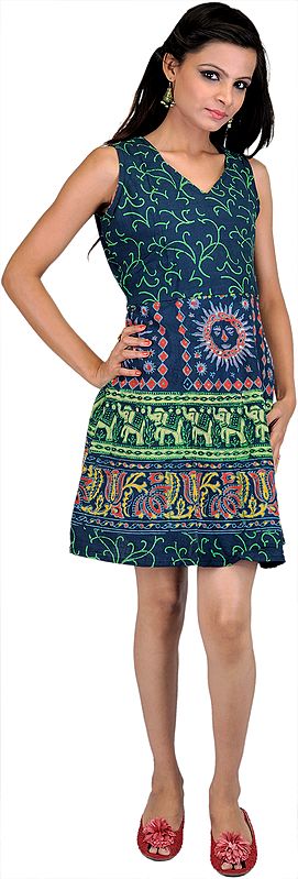 Dark Denim Short Summer Dress with Sanganeri Print