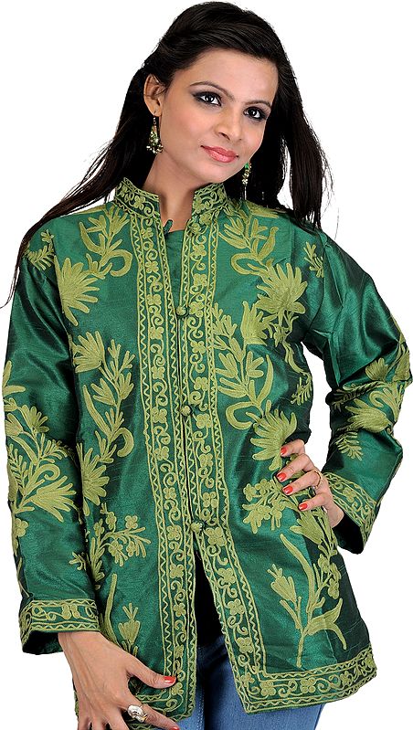 Foliage-Green Kashmiri Jacket with Aari Embroidered Flowers All-Over