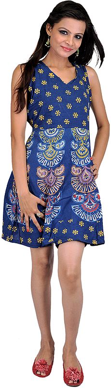 Navy-Blue Short Summer Dress with Jodhpuri Print