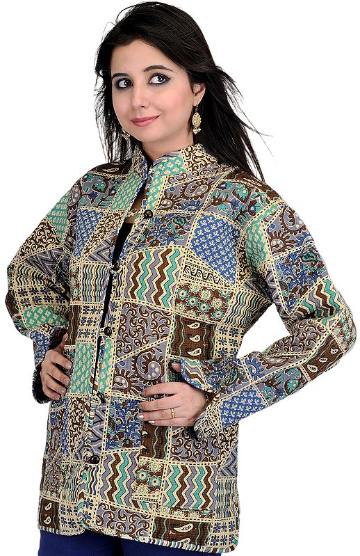 Blue-Green Reversible Jacket from Pilkhuwa with Printed Paisleys and Flowers