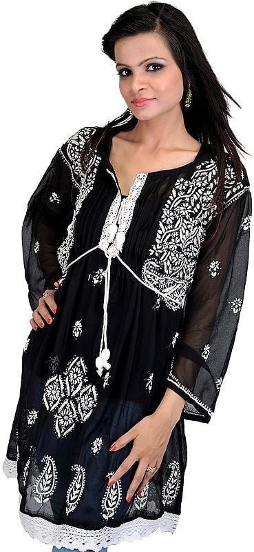 Black Kurti With Chikan Embroidered Flowers and Paisleys by Hand