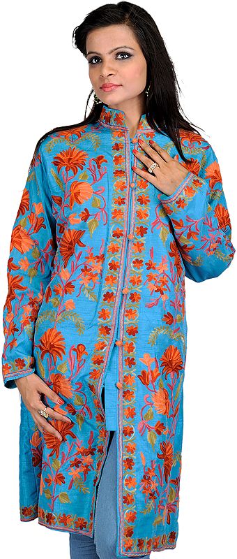 Cyan-Blue Long Kasjhmiri Jacket with Aari-Embroidered Flowers