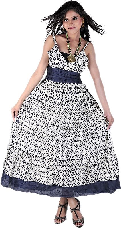 Ivory and Midnight-blue Barbie Dress with Ikat Print