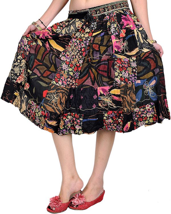 Black and Beige Midi-Skirt with Printed Flowers and Patchwork