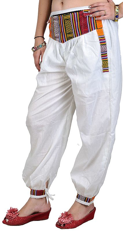 White Casual Trousers with Woven Patch and Side Pockets