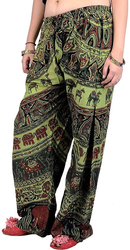Sap-Green Casual Trousers from Pilkhuwa with Printed Elephants and Camels
