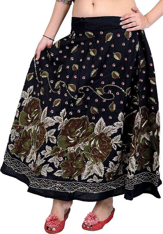 Caviar-Black Printed Skirt with Printed Flowers and Embroidered Sequins