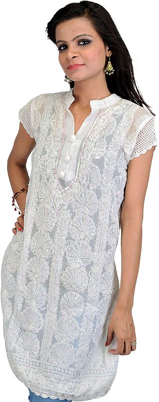 White Kurti with Lucknawi Chikan Embroidered Flowers and Sequins