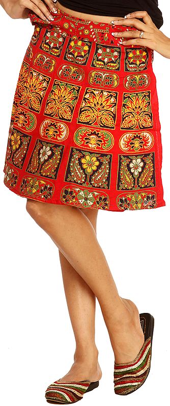 True-Red Wrap-Around Mini-Skirt with Sanganeri Print