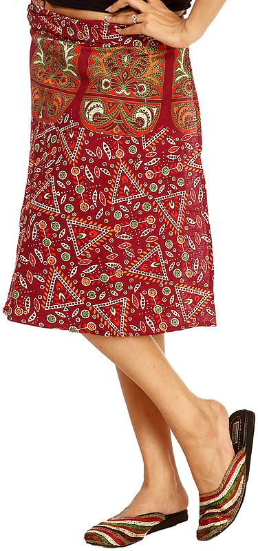 Cordovan Sanganeri Wrap-Around Mini-Skirt with Printed Motifs