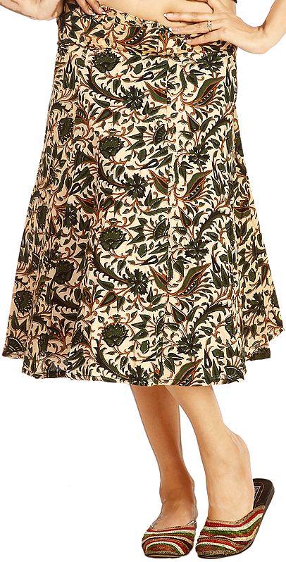 Beige Wrap-Around Skirt with Printed Floral Leaves