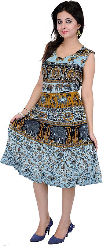 Crystal-Blue Summer Dress With Printed Elephants and Camels
